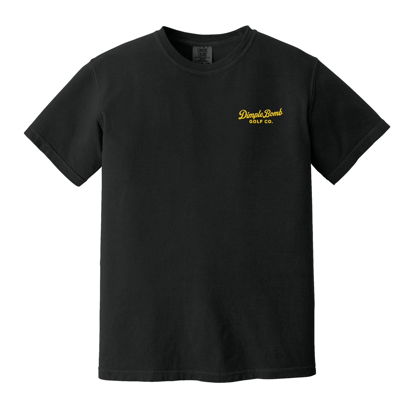 A black short-sleeve crewneck t-shirt with yellow logo text on the left chest reading 'Dimple Bomb Golf Co.' on a plain white background.