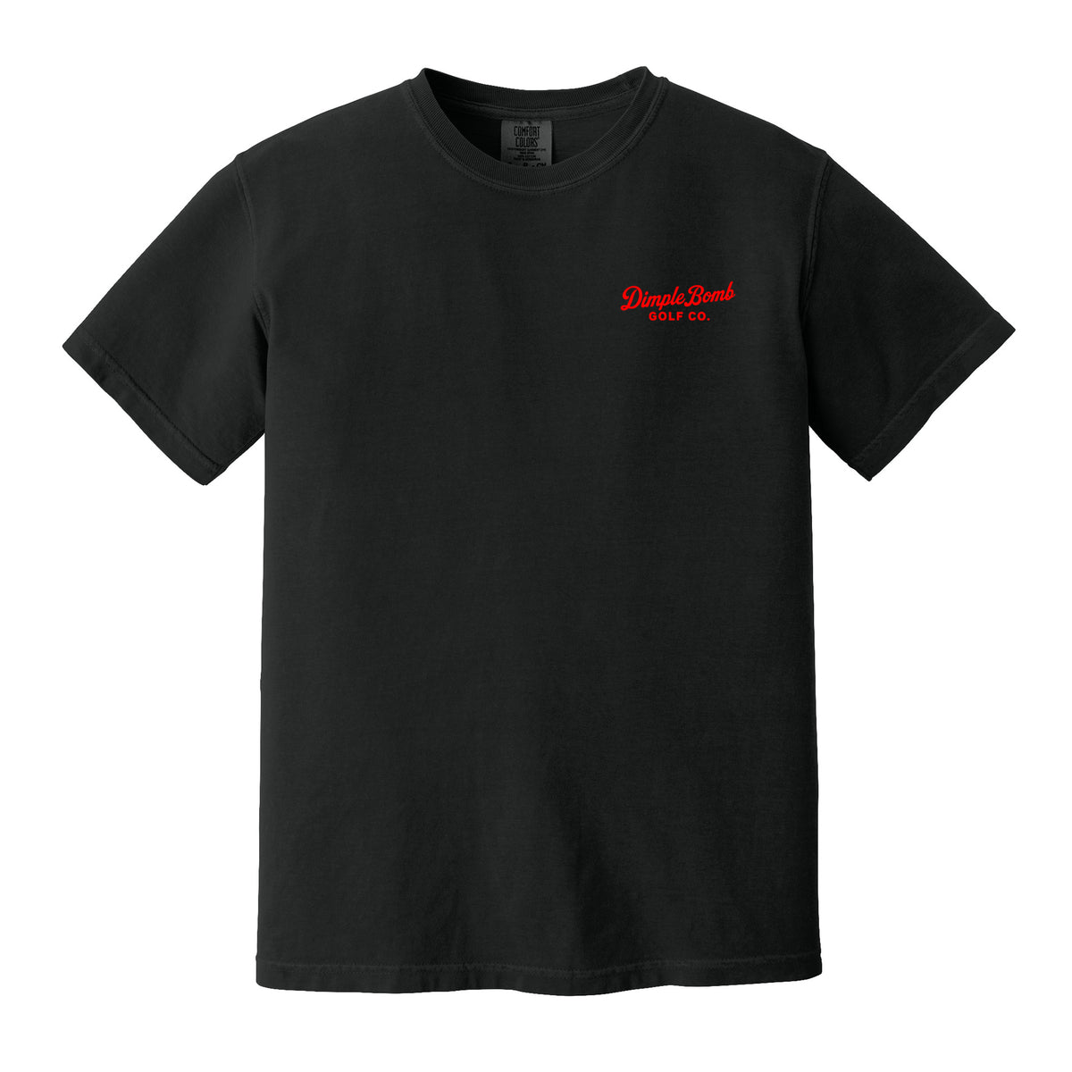 Black Public Course Tee featuring a small red Dimple Bomb Golf Co. left chest logo on a Comfort Colors heavyweight golf shirt.