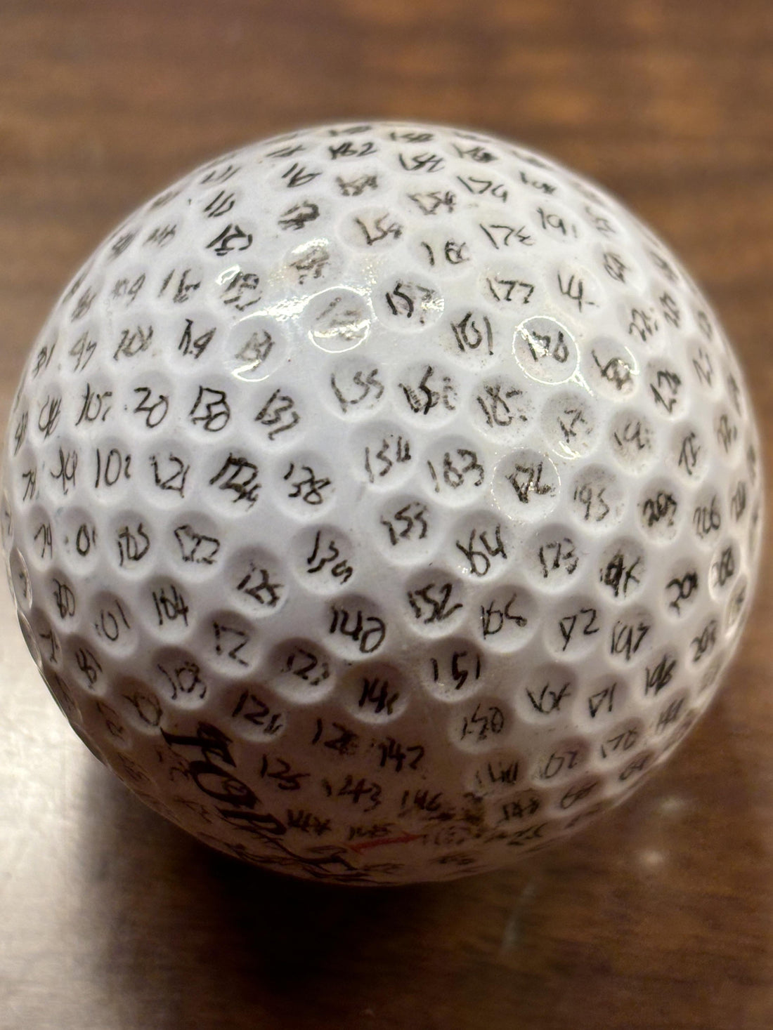 Golf ball with individually numbered dimples showing the dimple pattern used in golf ball aerodynamics