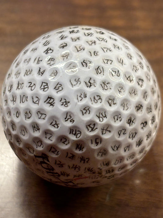 Golf ball with individually numbered dimples showing the dimple pattern used in golf ball aerodynamics