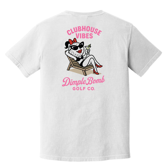 White women’s golf graphic tee featuring Ms. Dimple lounging in a chair with sunglasses and a martini, “Clubhouse Vibes” text, and the Dimple Bomb Golf Co. logo on the back.
