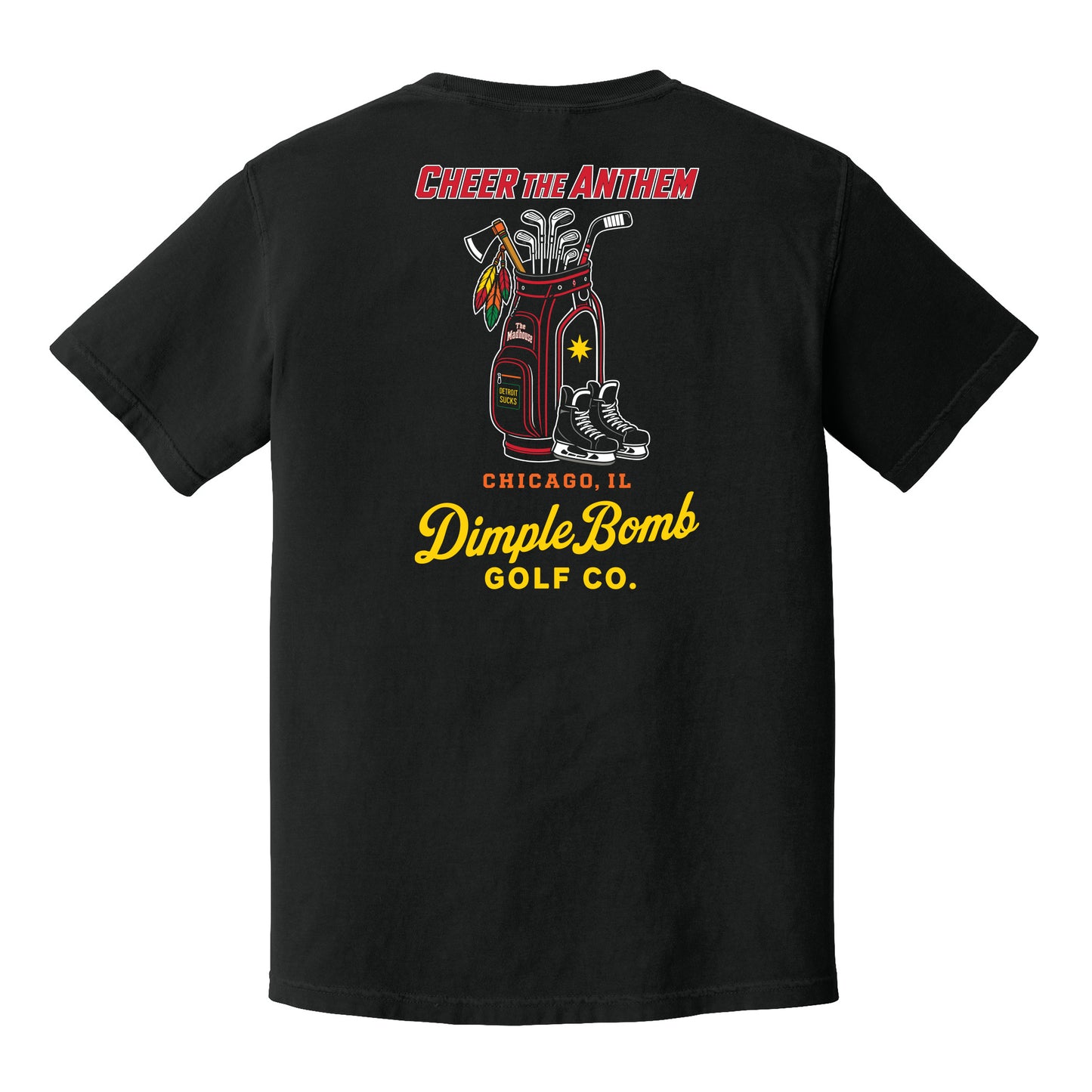 Cheer the Anthem black golf tee featuring a Chicago-inspired golf bag with golf clubs, hockey stick, tomahawk and ice skates.