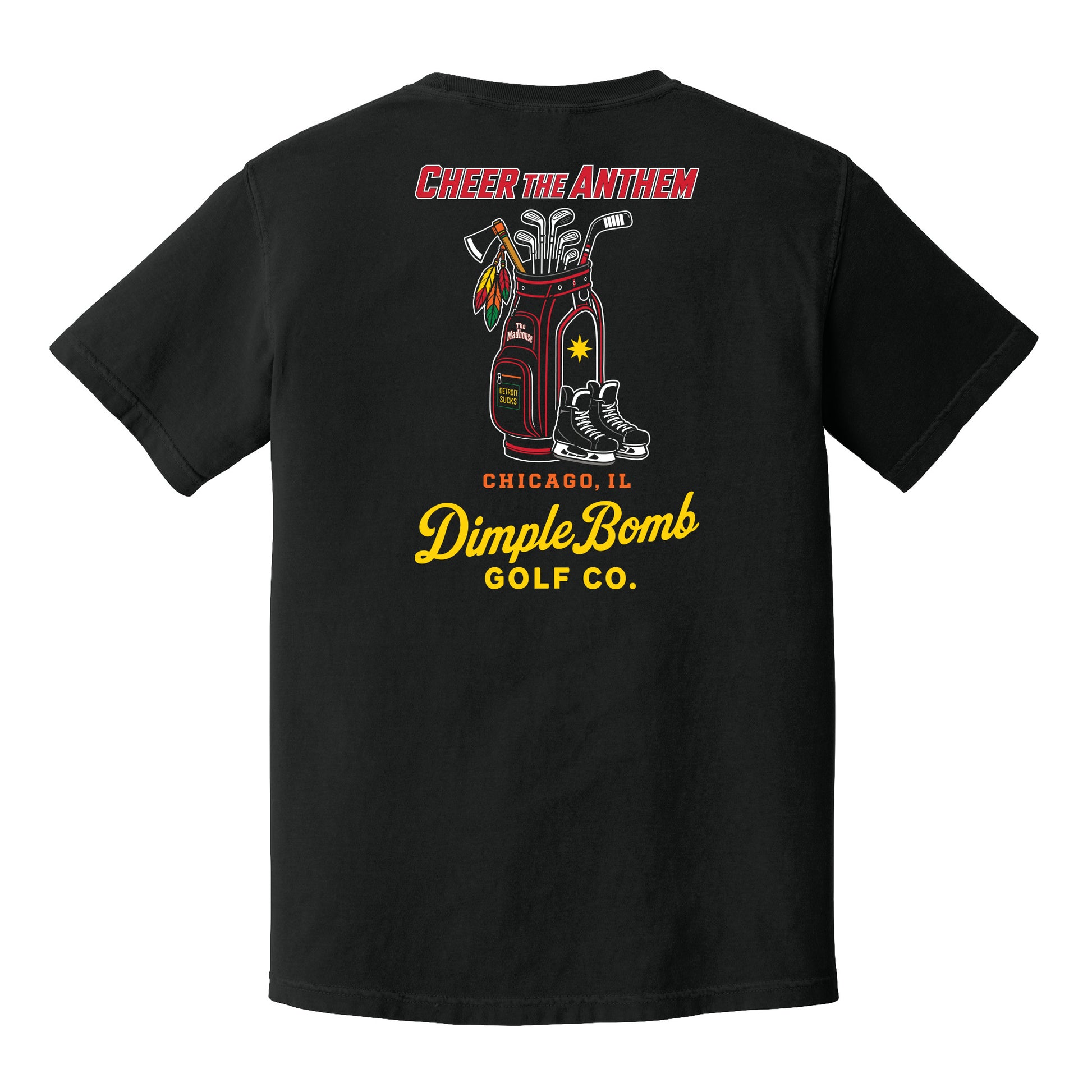 Cheer the Anthem black golf tee featuring a Chicago-inspired golf bag with golf clubs, hockey stick, tomahawk and ice skates.