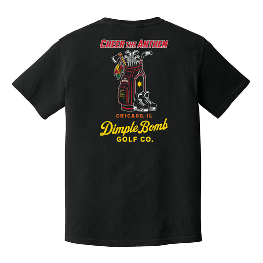 Cheer the Anthem black golf tee featuring a Chicago-inspired golf bag with golf clubs, hockey stick, tomahawk and ice skates.