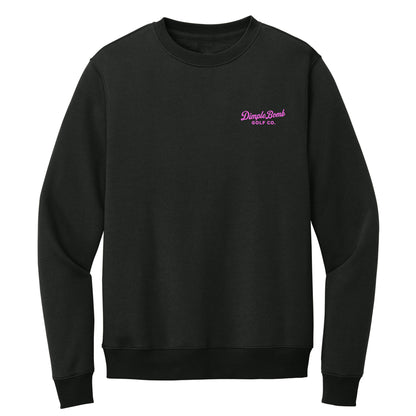 Jet black golf crewneck with Pink embroidered Dimple Bomb Golf Co. left chest logo