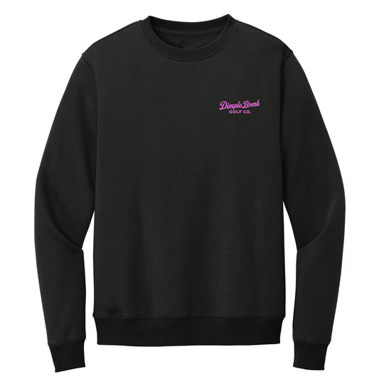 Jet black golf crewneck with Pink embroidered Dimple Bomb Golf Co. left chest logo