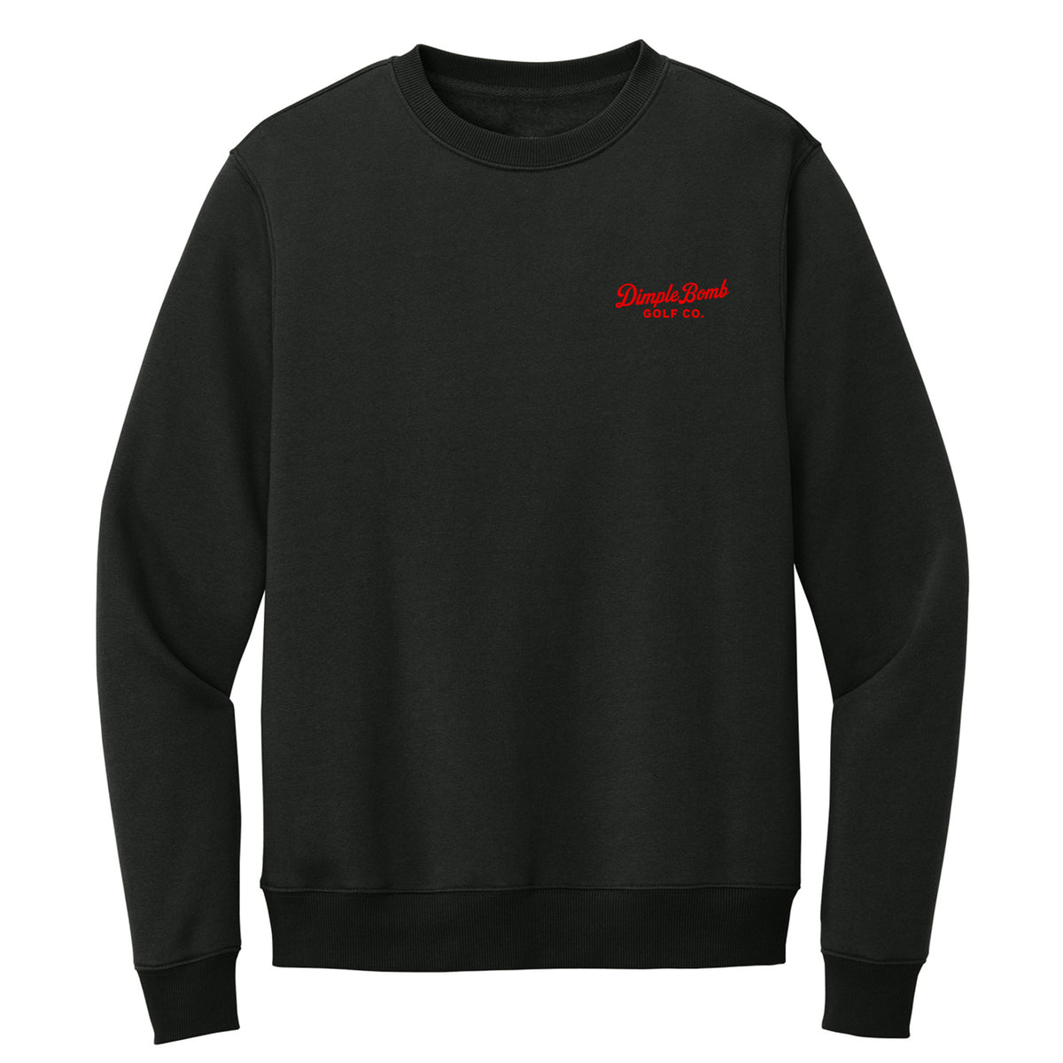 Jet black golf crewneck with red embroidered Dimple Bomb Golf Co. left chest logo