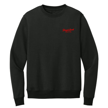 Jet black golf crewneck with red embroidered Dimple Bomb Golf Co. left chest logo