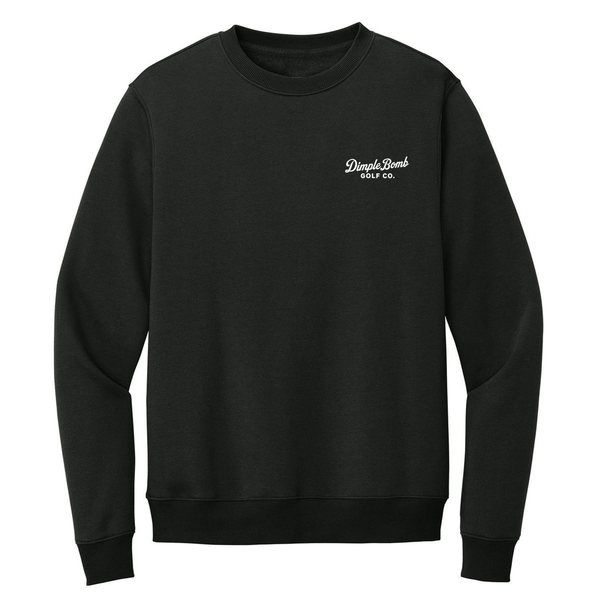 Jet black golf crewneck with white embroidered Dimple Bomb Golf Co. left chest logo