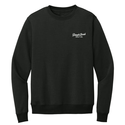 Jet black golf crewneck with white embroidered Dimple Bomb Golf Co. left chest logo