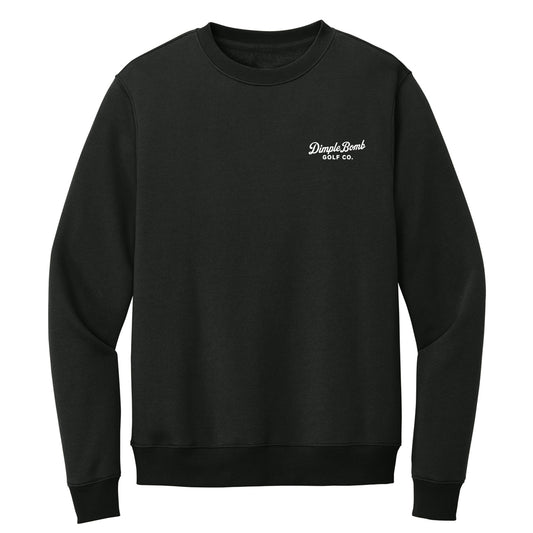 Jet black golf crewneck with white embroidered Dimple Bomb Golf Co. left chest logo