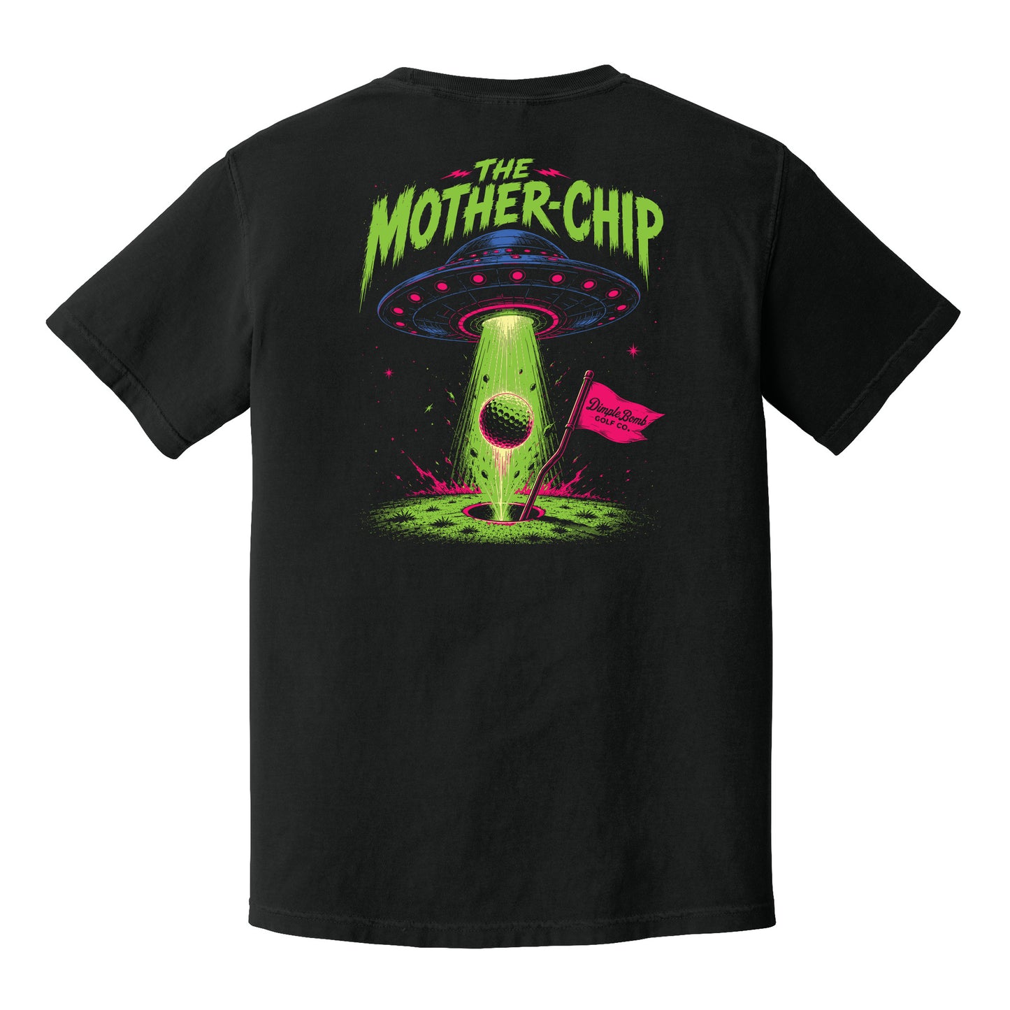 A black short-sleeve t-shirt shown from the back, featuring a colorful graphic of a green alien-like chip with a UFO and the text 'THE MOTHER-CHIP' in neon green and pink.